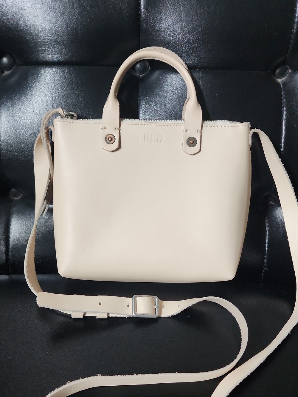 FEED Projects Cream Leather Mini Crossbody Tote Bag Top Handle Structured Purse